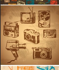 Retro hand drawn recorder with TV and camera vector patterns
