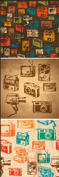 Retro hand drawn recorder with TV and camera vector patterns