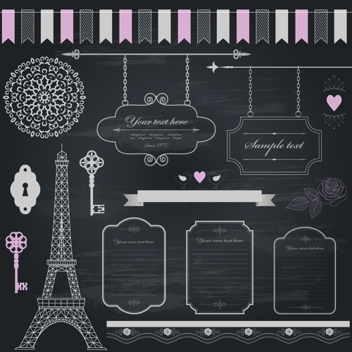 Retro ribbon with border and frame ornaments vector 01