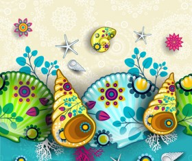 Shells with marine elements vector background art 02