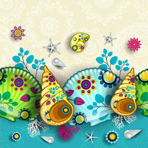 Shells with marine elements vector background art 02