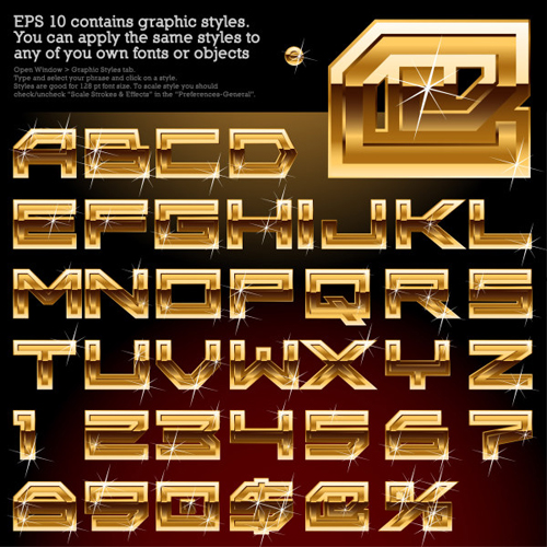 Shiny golden alphabet and numeric vector material