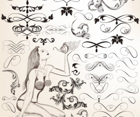 Sketch calligraphy elements with girls vector material 01