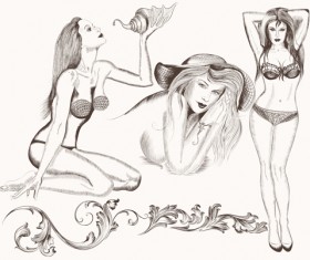 Sketch girls and ornaments vector