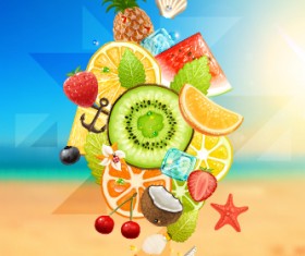 Summer fruits with beach vector background