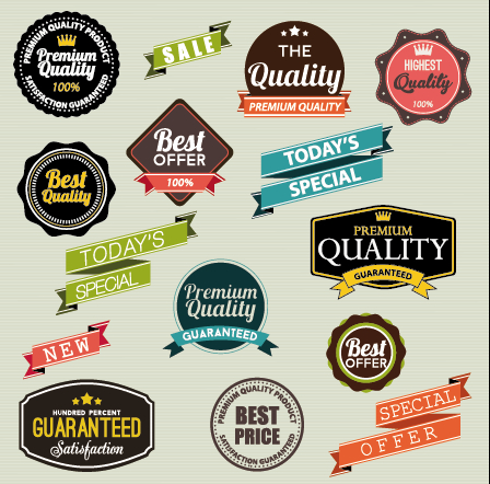 Vintage labels with stickers and ribbons vector graphics 01