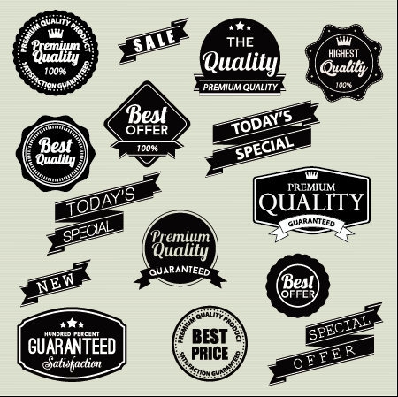 Vintage labels with stickers and ribbons vector graphics 02
