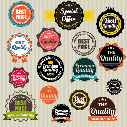 Vintage labels with stickers and ribbons vector graphics 03