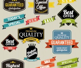 Vintage labels with stickers and ribbons vector graphics 04