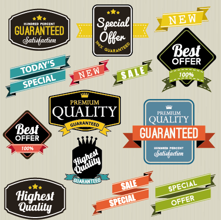 Vintage labels with stickers and ribbons vector graphics 04
