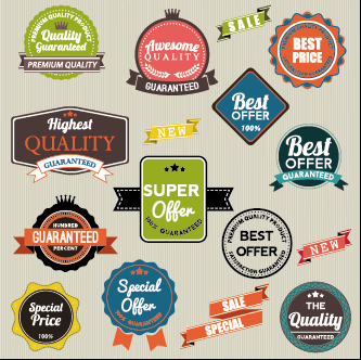 Vintage labels with stickers and ribbons vector graphics 05