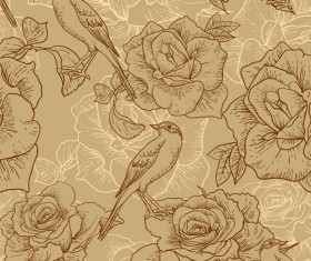 Vintage hand drawn birds and flower pattern vector
