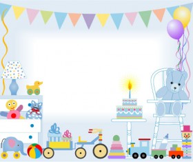 Birthday cake and toys baby card vector