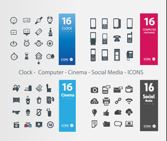 Clock - Computer - Cinema - Social Media icons vector