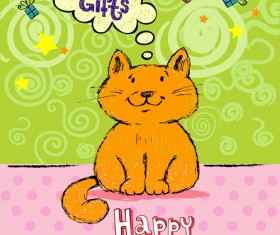 Cute cat birthday cards creative vector material 02