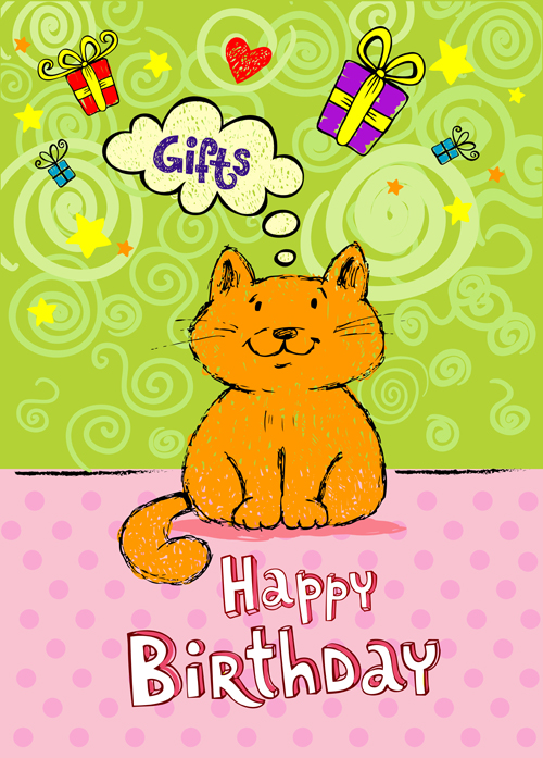 Cute cat birthday cards creative vector material 02