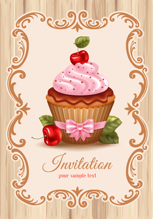 Cute cupcakes vector invitation cards 02