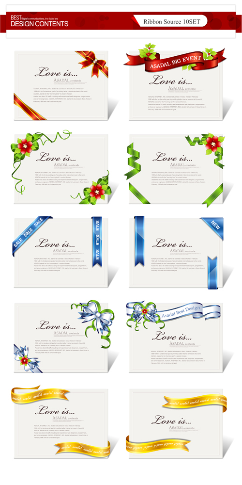 Elegant ribbon invitations cards vector material