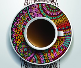 Ethnic pattern ornaments and coffee cups vector 01