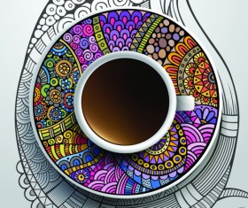 Ethnic pattern ornaments and coffee cups vector 02