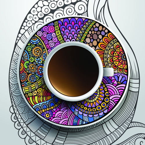 Ethnic pattern ornaments and coffee cups vector 02