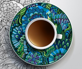 Ethnic pattern ornaments and coffee cups vector 04