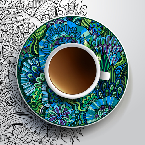 Ethnic pattern ornaments and coffee cups vector 04