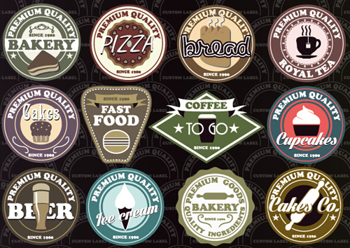 Fast food and drink different colored labels vector 01 free download