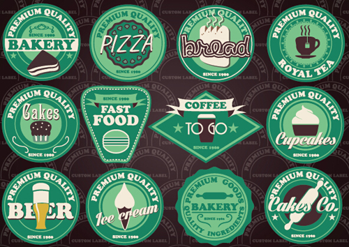 Fast food and drink different colored labels vector 03