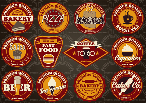 Fast food and drink different colored labels vector 04