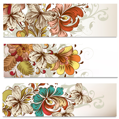 Flowers and butterflies banners vectors 03