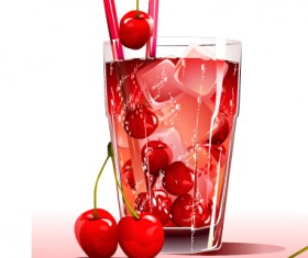 Fresh cherries and ice drink vector material