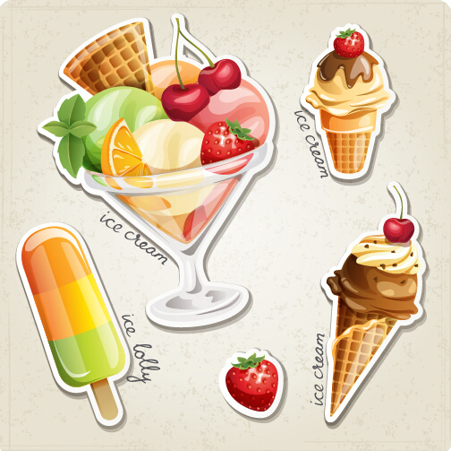 Fresh fruit and ice cream vector set 01