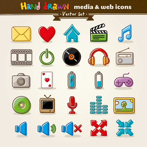 Hand drawn media and web vector icons