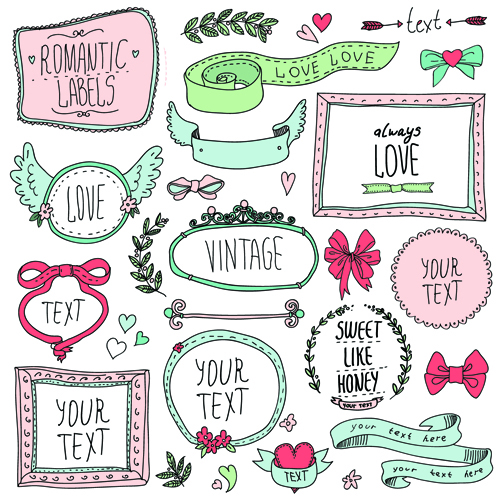 Hand drawn romantic frame with ornaments elements vector 02