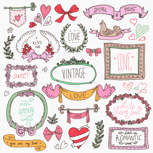 Hand drawn romantic frame with ornaments elements vector 04