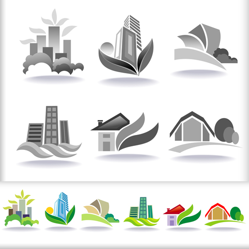 Leaf with home abstract icons vector 01
