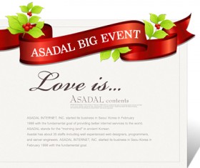 Red ribbon and green leaves cards vector