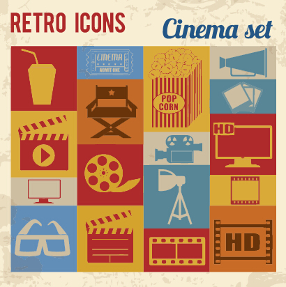 Retro cinema flat vector icons