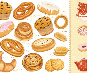 Tasty cakes and biscuits vector material