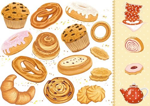 Tasty cakes and biscuits vector material