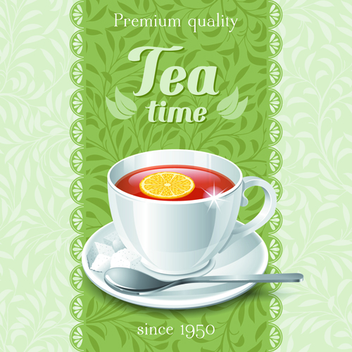 Tea cup and elegant floral background vector 01