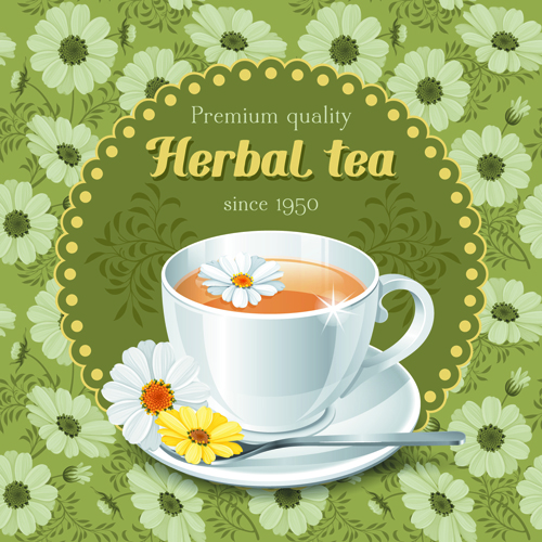 Tea cup and elegant floral background vector 02