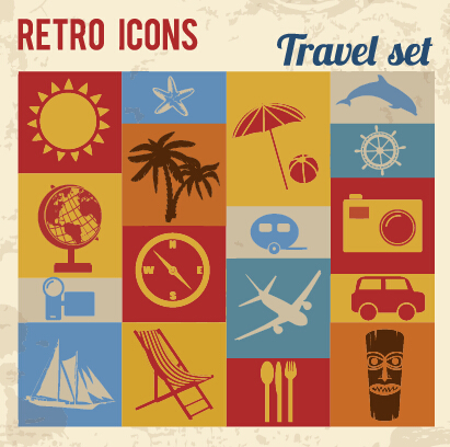 Travel retro icons set vector 01