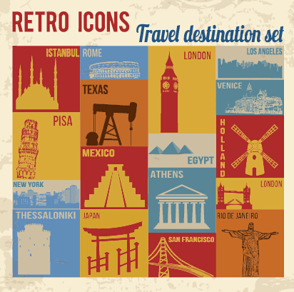 Travel retro icons set vector 03