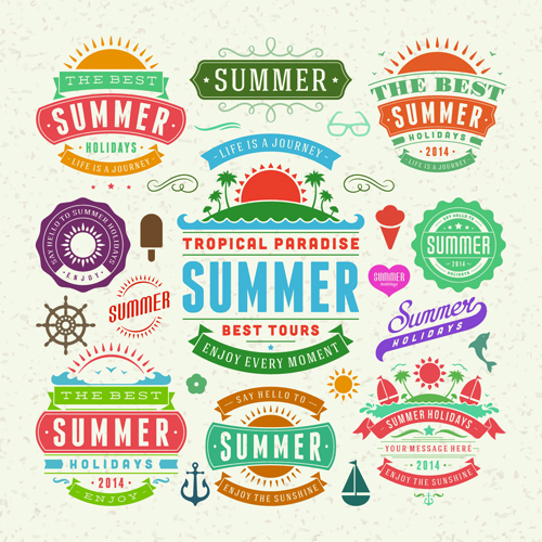 Vintage summer elements labels vector material 03