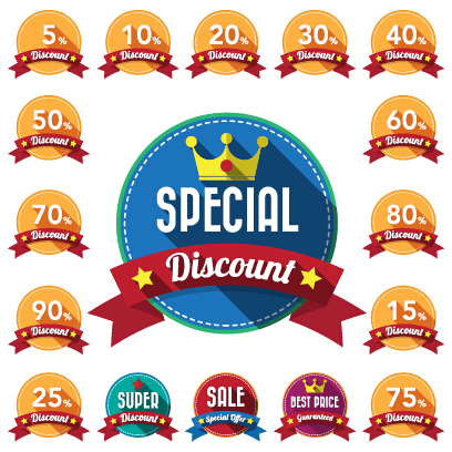 Yellow discount labels wit red ribbon vector