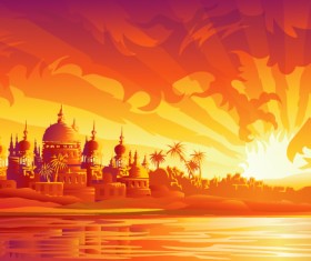 Ancient city with fiery dragon vector background