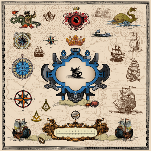 Ancient voyage elements with maps vector 03