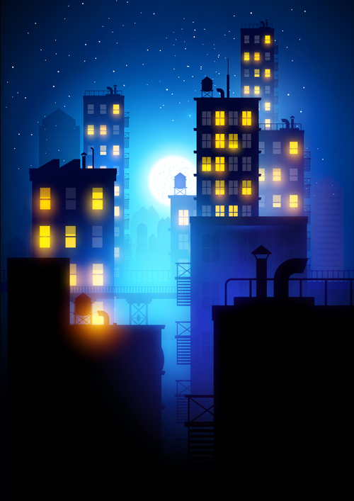 Brightly lit midnight city vector background 01